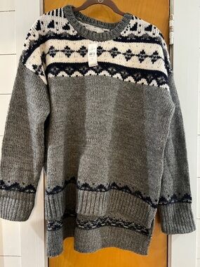 LOFT Women’s Gray Crewneck Fair Isle Pullover with Cream and Navy Accents